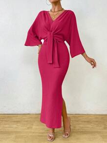 SHEIN Clasi 1pc Women Plain Color Long Sleeve Front Tie Slit Simple Casual Dress Maxi Women Outfit