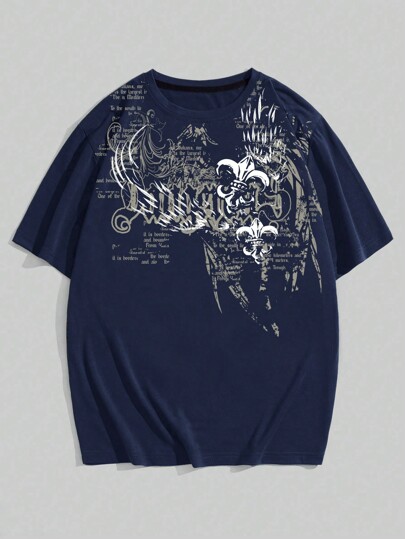 Goth Men's Casual Everyday Wear Letter Print Short Sleeve T-Shirt, Summer, 2000s Style