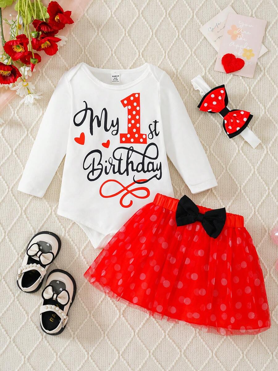 3件套女婴可爱字母印花长袖连体衣、蝴蝶结网纱裙、发带套装，适合派对穿着 - 紅色 - 查看 1