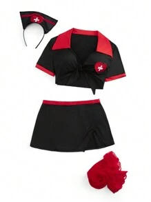 4pack Knot Front Nurse Costume Set - Black - View 7