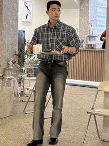 DAZY Áo sơ mi nam tay dài có nút cài phía trước, túi kẻ caro tối giản, quần áo mùa thu - Màu xanh lam - Xem 3