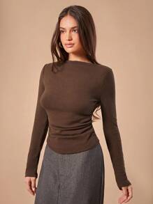 Forever 21 F21 Women's Solid Color Minimalist Elegant Daily Wear Long-Sleeved Slim-Fit T-Shirt