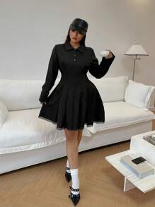 Flirla فستان ضيق الخصر أكمام طويلة بتصميم إسلوب المدرسة الفرنسية للمرأة البدينة