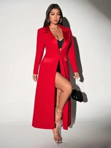 Viva Relle Plus Size Stand Collar Faux Pocket Long Knit Blazer For New Year Clothes