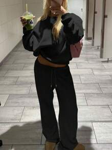 INAWLY Set de 2 piezas de mujer con sudadera de cuello redondo y manga larga informal talla grande pantalones con cintura con cordón, para otoño