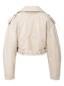 SHEIN Unity Women's Solid Color Long Sleeve Zip Up Mandarin Collar Casual Biker Jacket, Autumn Fall Winter Cloth For Women - Beige - View 2