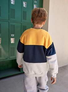 SHEIN Sudadera con cuello redondo de manga larga y costilla para niños preadolescentes, con estampado de secciones, forrada térmicamente, ropa deportiva cálida para exteriores - Multicolor - Ver 2