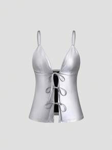 Sweetra 女士性感银色金属涂层皮革面料前开绷带胸罩杯设计休闲百搭吊带背心，适合所有季节 Y2K