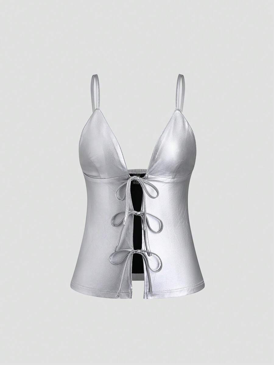 Sweetra 女士性感银色金属涂层皮革面料前开绷带胸罩杯设计休闲百搭吊带背心，适合所有季节 Y2K
