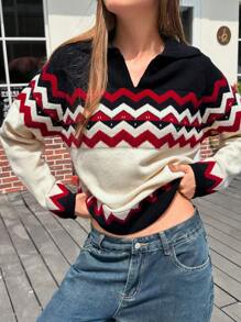 Jouncy Suéter holgado de mujer de estilo casual con contraste de color y hombros caídos, adecuado para otoño