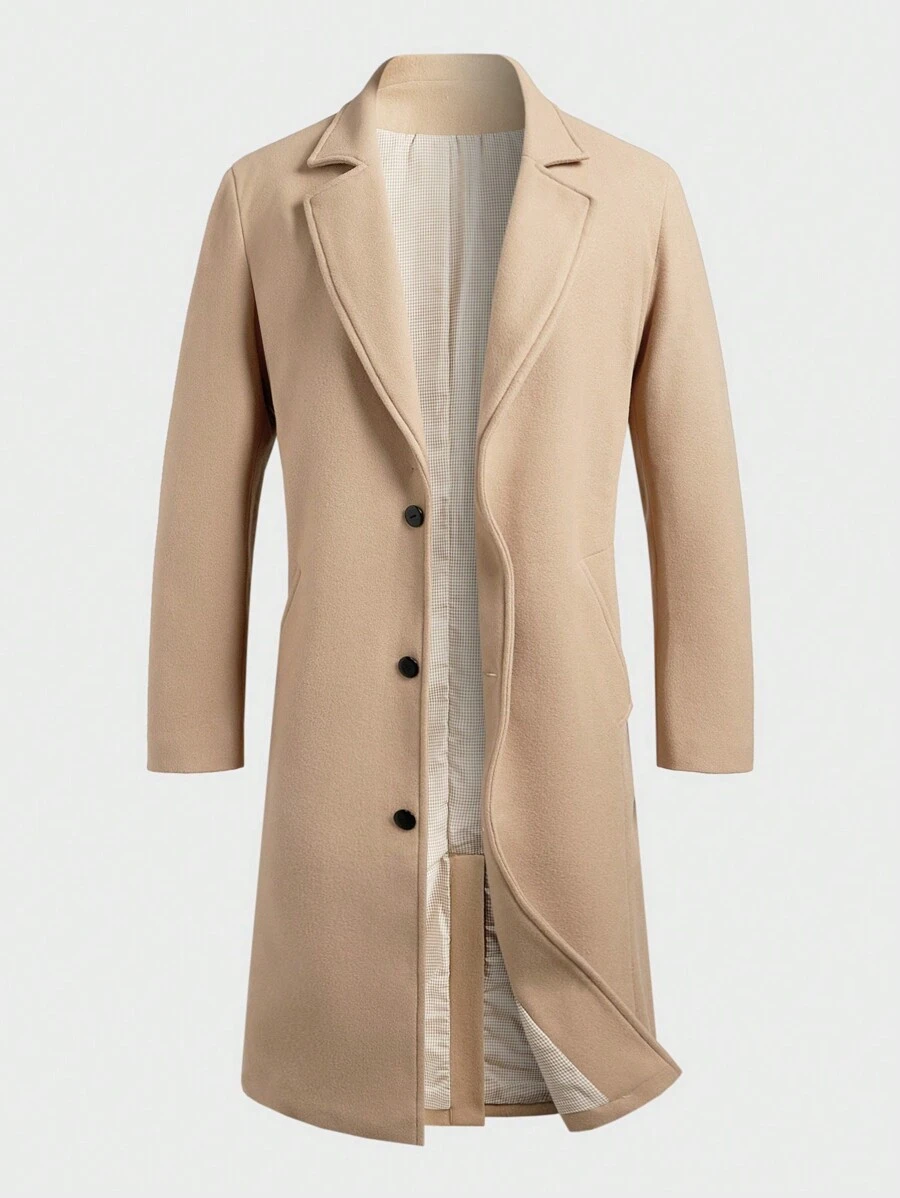 Manfinity Homme Men's Solid Color Single-Breasted Long Sleeve Overcoat I Heart Vintage Overcoat - Khaki - View 1