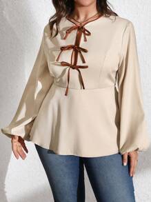 Flirla Plus Size Women Elegant Casual Commuter Solid Color Contrast Color Bowknot Waist A-Line Long Sleeve Shirt, Spring & Autumn