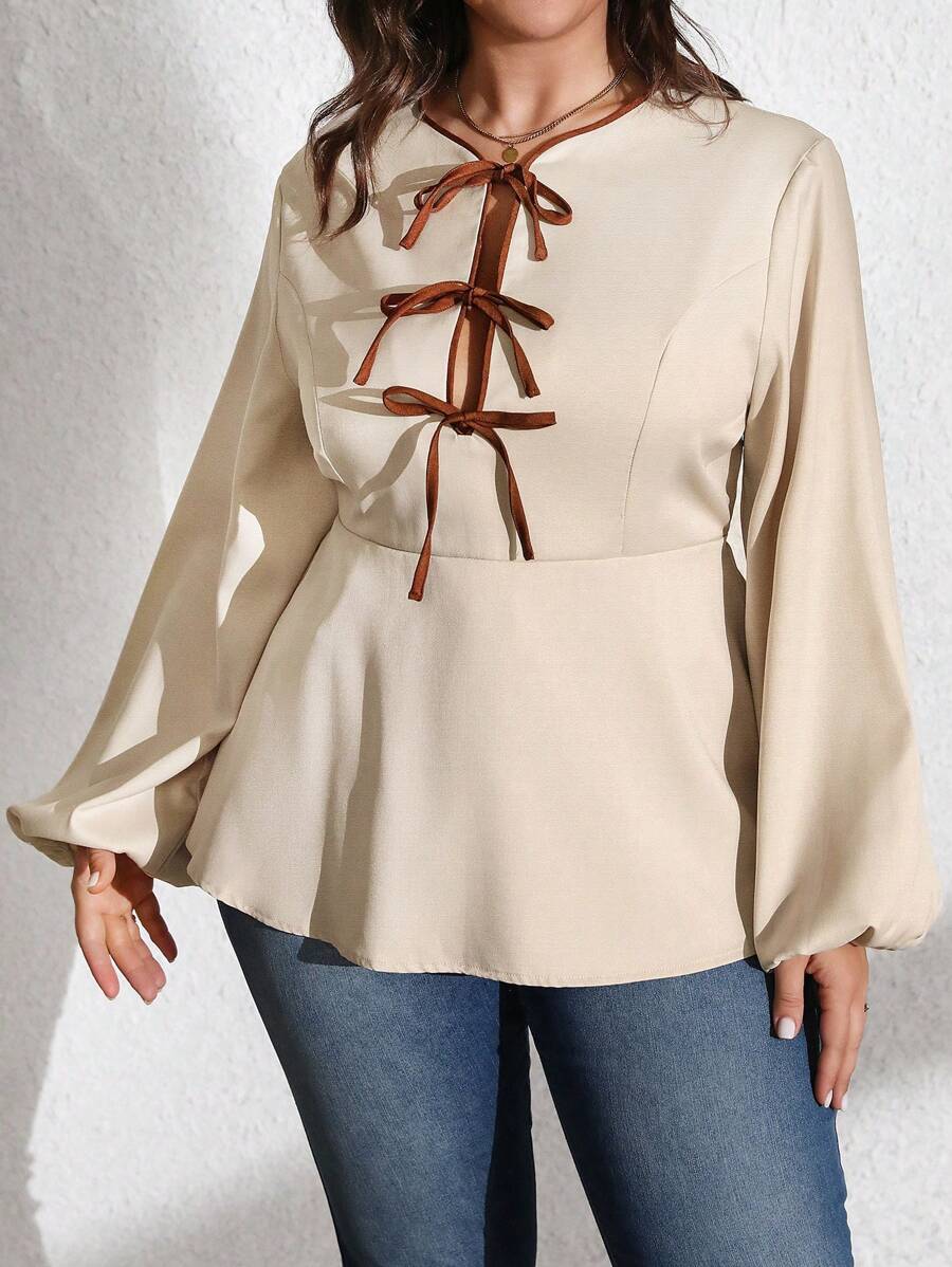 Flirla Plus Size Women Elegant Casual Commuter Solid Color Contrast Color Bowknot Waist A-Line Long Sleeve Shirt, Spring & Autumn