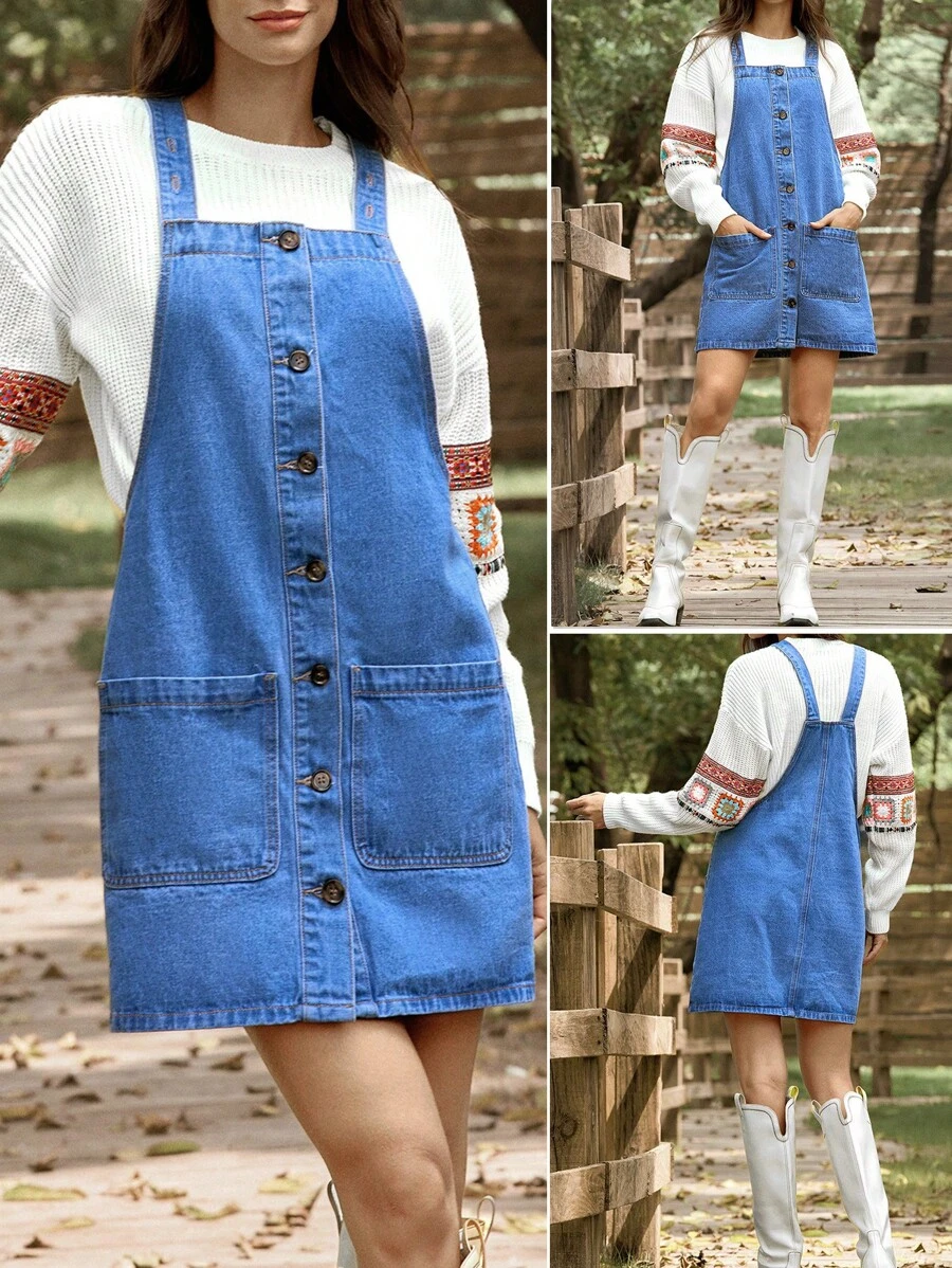 LanaWest Tuta in jeans casual senza maniche con bottoni davanti, tasche e colore tinta unita - Blu lavato medio - Visualizzare 1