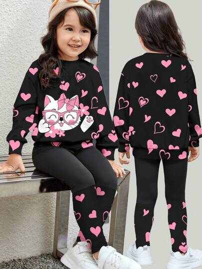 SHEIN 2 件套年轻女孩休闲圆领运动衫和紧身裤套装，适合秋冬季