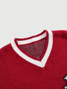 ROMWE MEN Prep Áo len chui đầu họa tiết chữ và số thể thao thường ngày thu/đông cho nam - Đỏ - Xem 3