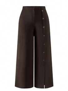 Mulvari Plus Size Solid Color Front Button Simple Sweatpants, Casual Everyday Wear