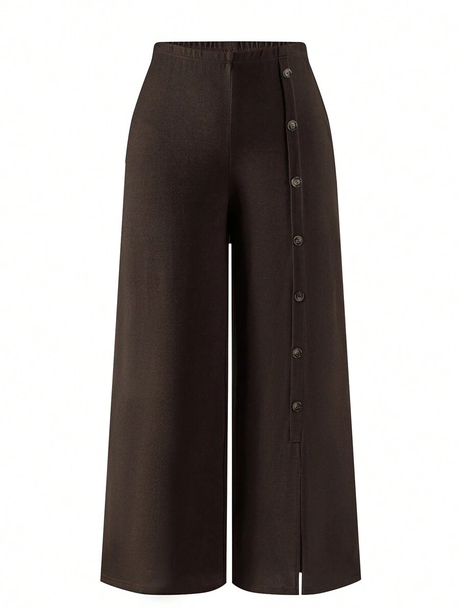 Mulvari Plus Size Solid Color Front Button Simple Sweatpants, Casual Everyday Wear