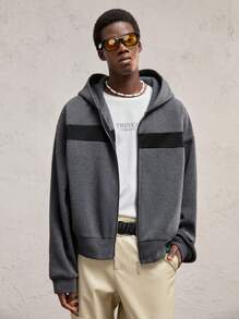AKNOTIC Business Casual Sudadera con capucha de ajuste relajado para hombres con bloques de colores y forro térmico, adecuada para otoño e invierno, uso diario con etiqueta de logotipo - Gris Oscuro - Ver 3
