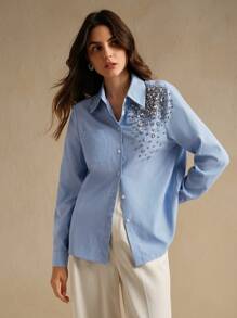 Anewsta Camicetta elegante da donna con strisce e decorata a mano con cristalli