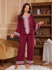 PalaceNights Conjunto de pijama para mujer con cárdigan de encaje con aplicaciones y pantalón largo con volantes