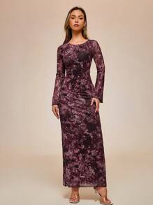 Glamine 1 pieza Vestido con estampado floral elegante en todo el Body, mangas acampanadas, cintura con lazo y espalda descubierta, atuendo para fiesta de Navidad