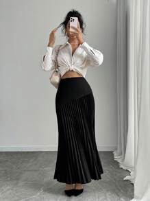 Rafferiza 1 件女士优雅纯色黑色褶皱不对称下摆拼接及膝长裙，适合通勤和百搭长裙 - 黑色 - 查看 5