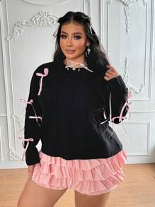 Lyrianda Autumn/Winter French Retro Bow Decor Cable Knit Crew Neck Sweater Knit Pullover Fall Outfit