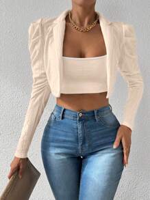 Calvaya Padded Gigot Sleeve Textured Fashionable Cropped Cardigan Jacket, White