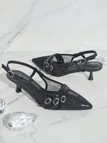 SHUZIA 女士黑色网眼扣三重露跟高跟鞋 - 时尚尖头设计现代高跟鞋新年假期 - 黑色 - 查看 2