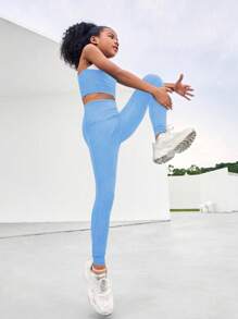 SHEIN Tween Girls Sports Black & White Yoga Legging Set, Stretchy Comfortable Free Stylish Active Outfit - Multicolor - View 4