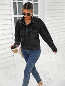 SHEIN LUNE Women's Autumn Dropped Shoulder Long Sleeve Button Half-Placket Cargo Pocket Denim Jacket