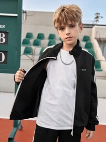 SHEIN Tween 男童纯黑色印花立领长袖拉链夹克，带口袋，运动上衣，适合户外跑步网球篮球 + 黑色印花拼布裤，运动套装 - 黑色 - 查看 5