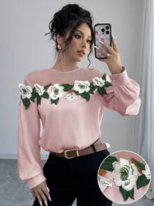 Chiquease Floral Embroidered Mesh Contrast Women Elegant Round Neck Long Sleeve Blouse, Autumn