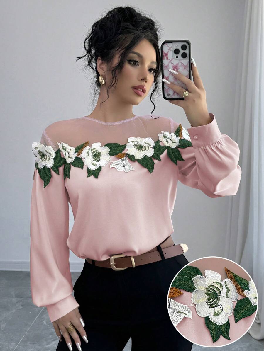 Chiquease Floral Embroidered Mesh Contrast Women Elegant Round Neck Long Sleeve Blouse, Autumn