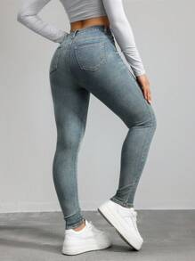SHEIN Essnce Quần Jeans Denim Skinny Casual Thiết Kế Túi Cho Nữ - Rửa tối - Xem 2