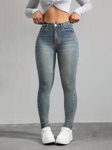 SHEIN Essnce Quần Jeans Denim Skinny Casual Thiết Kế Túi Cho Nữ - Rửa tối - Xem 3