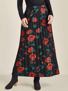 SHEIN Clasi Elegant Rose Print Pleated A-Line Skirt Fall Cloth For Women - Red - View 1