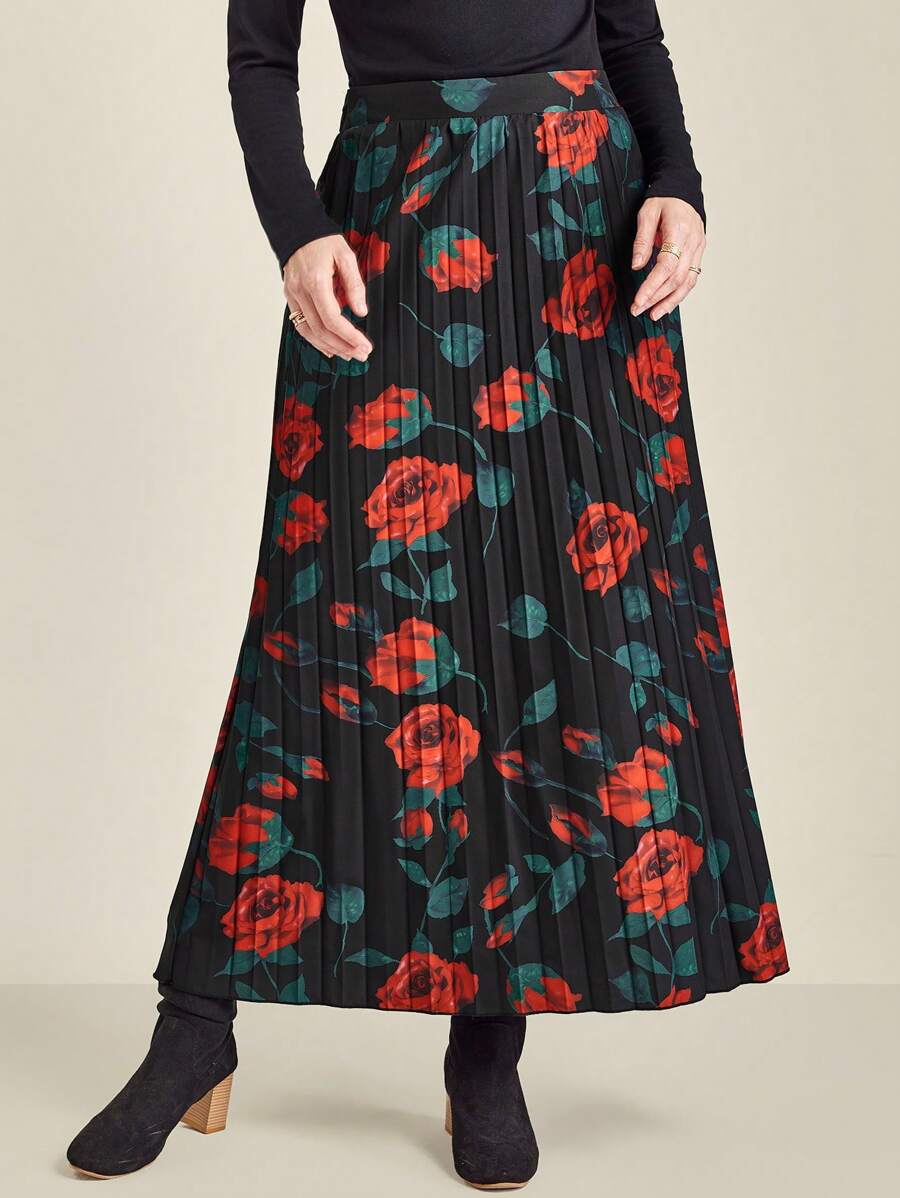 SHEIN Clasi Elegant Rose Print Pleated A-Line Skirt Fall Cloth For Women - Red - View 1