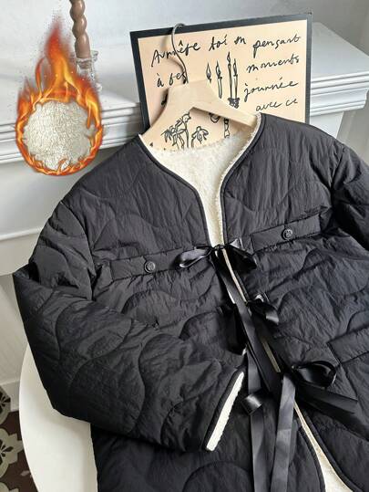 Chiquease 休闲百搭前系带加厚宽松短款保暖内衬绗缝棉衣外套，冬季衣服