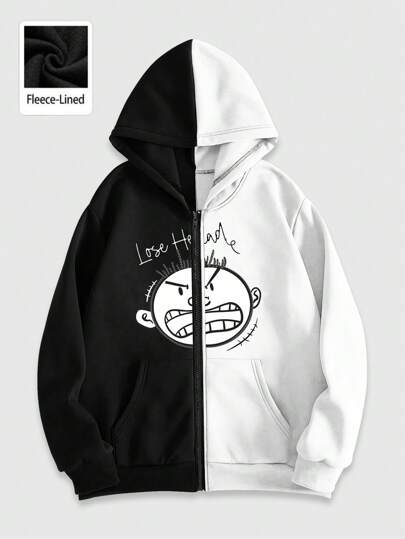 Street Life Sudadera con capucha informal para hombres con diseño de bloque de color y estampado de letras de dibujos animados, para otoño/invierno