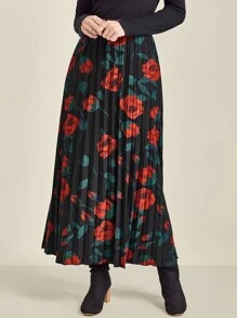 SHEIN Clasi Elegant Rose Print Pleated A-Line Skirt Fall Cloth For Women - Red - View 3