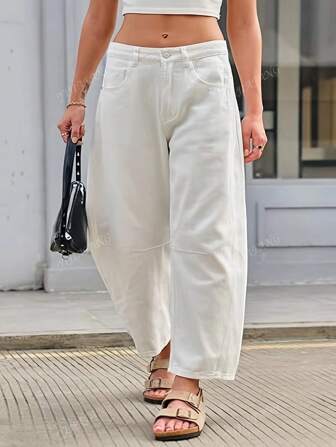 Women Loose Pockets Casual Versatile White Wide Leg Denim Jeans