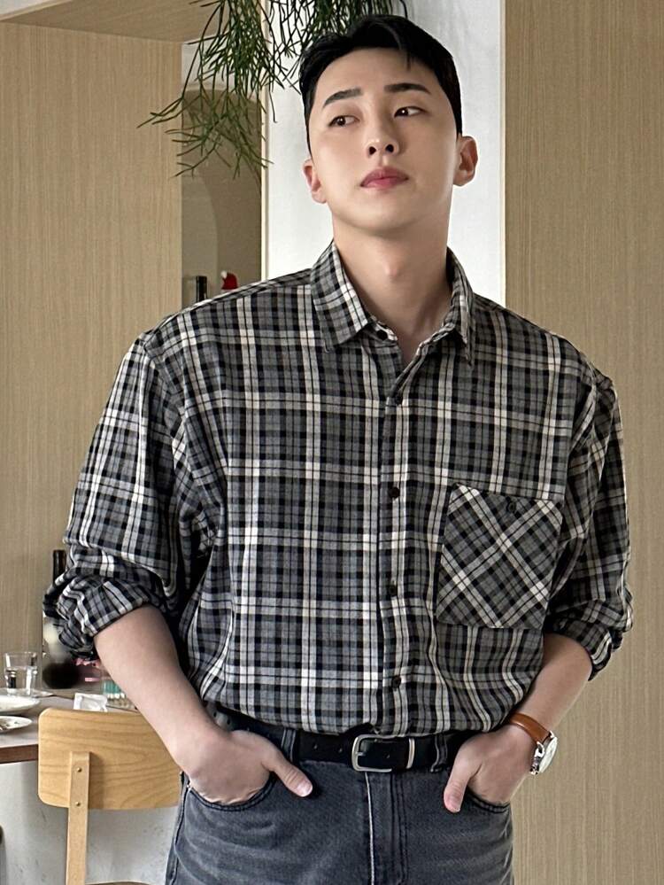 Men's Collared Button Front Long Sleeve Pocket Plaid Minimalist Top,Fall Clothes