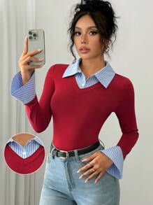 Chiquease 优雅通勤紧身 AB 面板领口喇叭袖口长袖半襟勃艮第针织条纹多色 T 恤女士秋冬图案 T 恤女士春季上衣 - 彩色 - 查看 1