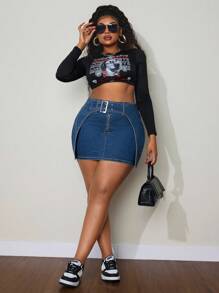 Slaydiva Váy mini denim chắp vá thường ngày cỡ lớn cho nữ - Màu xanh lam - Xem 3