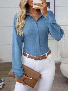 EMERY ROSE Women Single Breasted Loose Casual Long Sleeve Shirt, Solid Color, Autumn Fall Cloth For Women - Blue - View 6