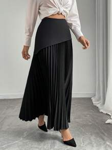 Rafferiza 1 件女士优雅纯色黑色褶皱不对称下摆拼接及膝长裙，适合通勤和百搭长裙 - 黑色 - 查看 1