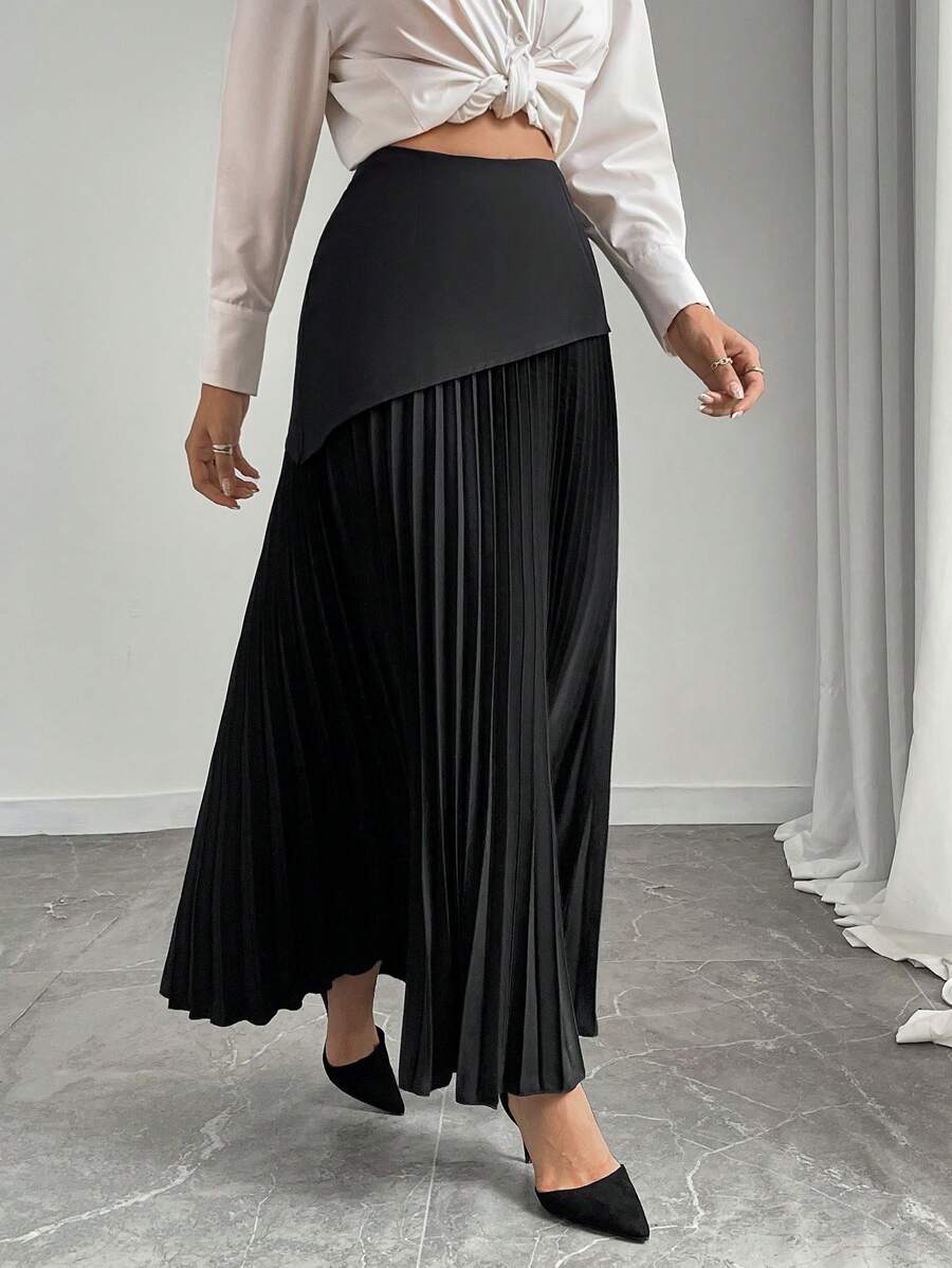 Rafferiza 1 件女士优雅纯色黑色褶皱不对称下摆拼接及膝长裙，适合通勤和百搭长裙 - 黑色 - 查看 1