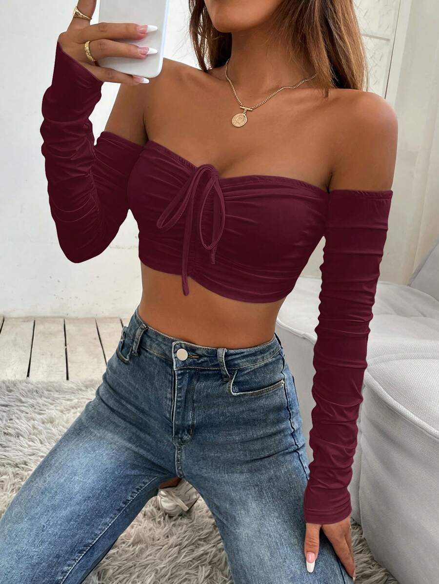 SHEIN PETITE Off Shoulder Drawstring Ruched Crop Off Shoulder Top - Burgundy - View 1